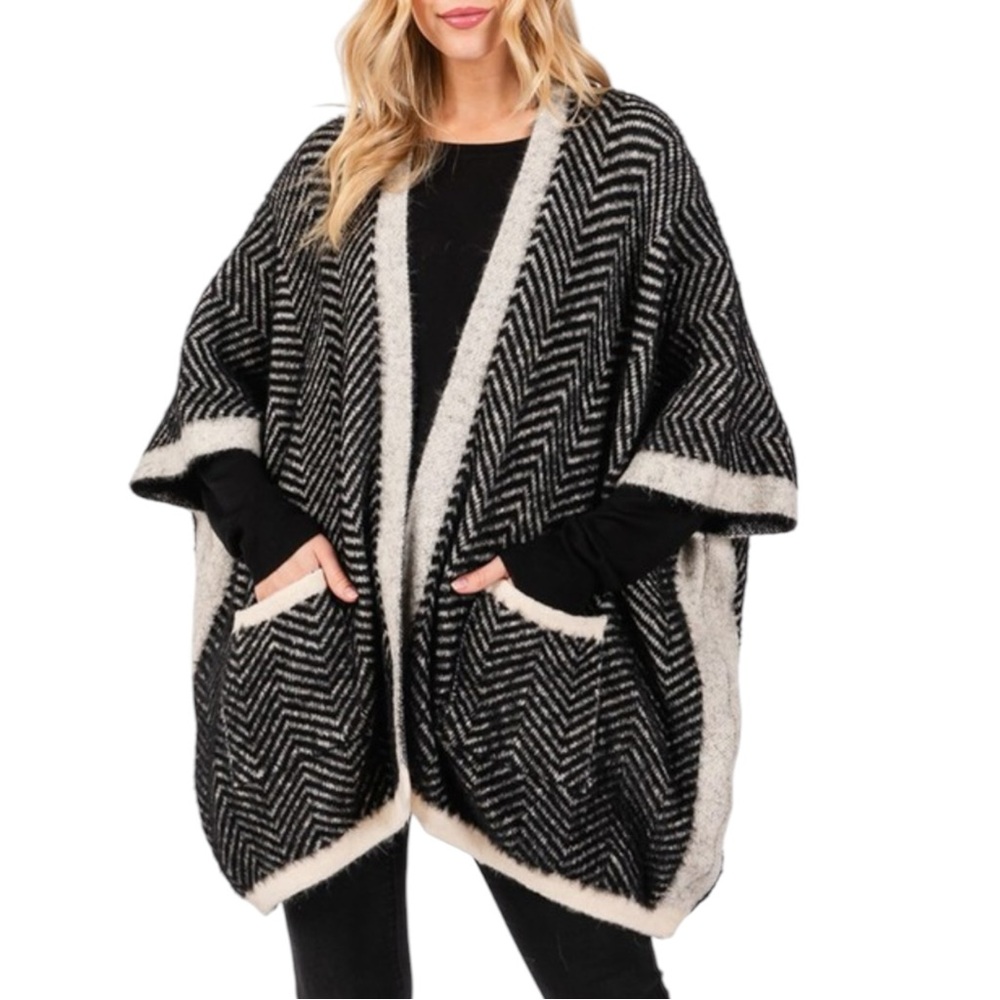 Black Chevron With Ivory Contrast Trim Pocket Open Front Cardigan NWT